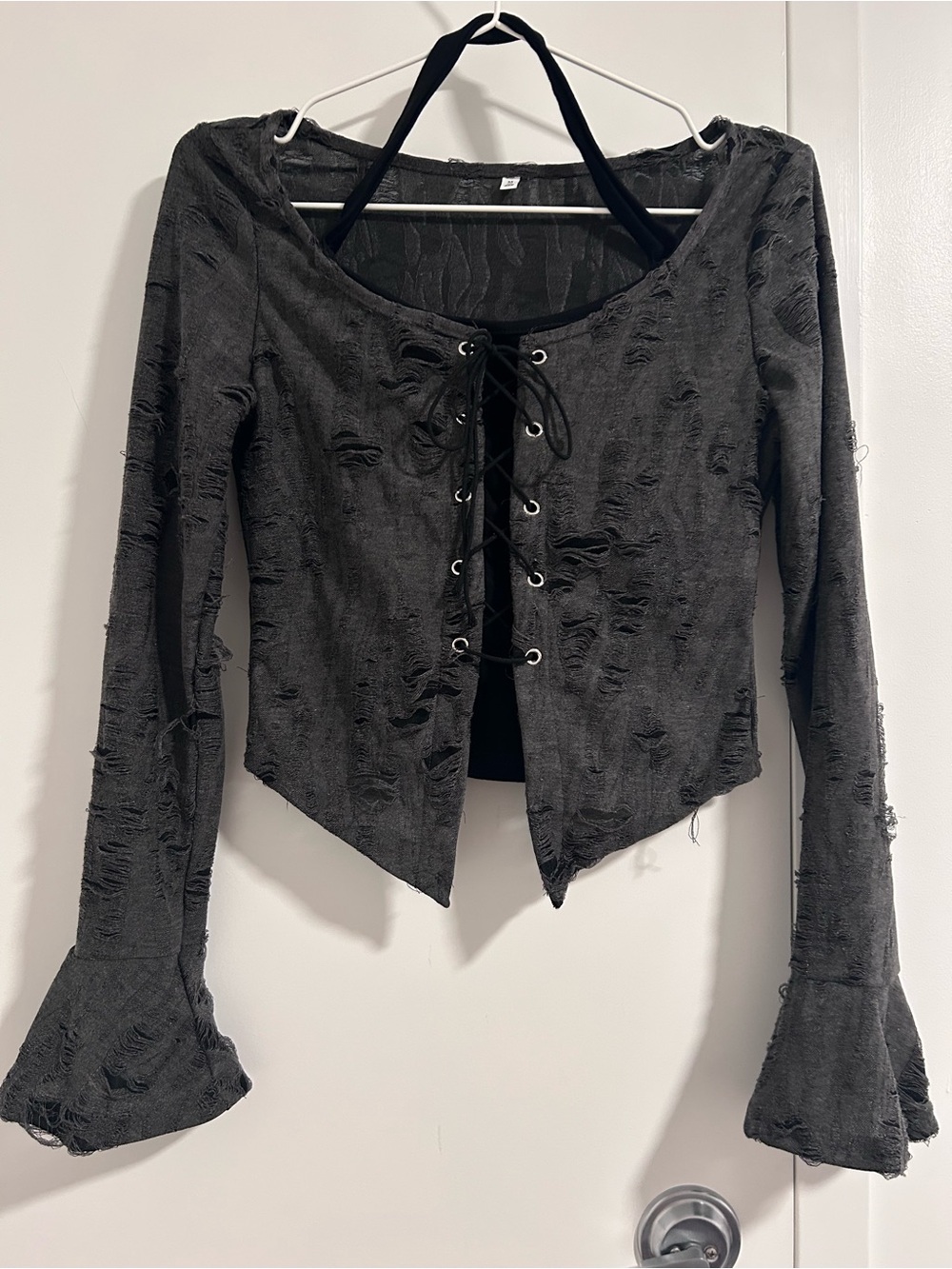 Y2K Goth Black Distressed Lace-Up Flare Sleeve Basque Waist Top Halter Layered